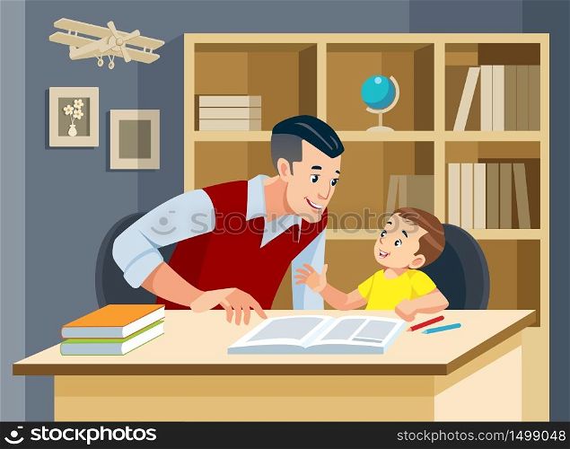 Father helping son doing homework and smiling. Concept of friendly family. Vector illustration.. Father helping son doing homework and smiling. Concept of friendly family. Vector illustration