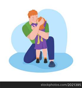 Father hugging daughter 2D vector isolated illustration. Dad calming female toddler with hugs flat characters on cartoon background. Showing affection to kid. Fatherhood experience colourful scene. Father hugging daughter 2D vector isolated illustration