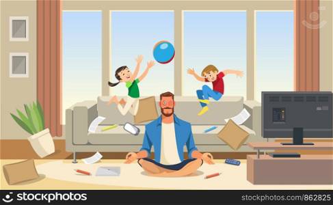 Father in a state of stress with playing children. Home stress concept with cartoon characters. Vector illuctration of parent and children at living room modern interior.