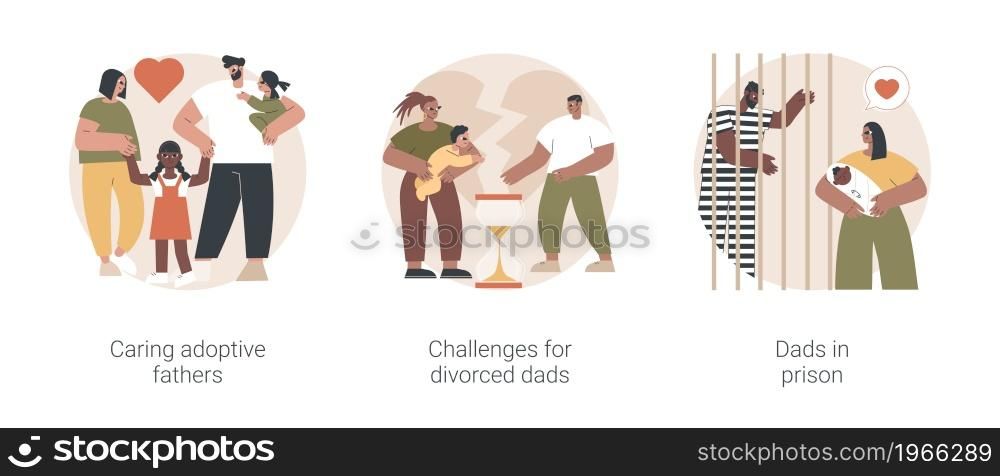Father in kids life abstract concept vector illustration set. Caring adoptive fathers, challenges for divorced dads, dads in prison, foster care, family instability, child custody abstract metaphor.. Father in kids life abstract concept vector illustrations.
