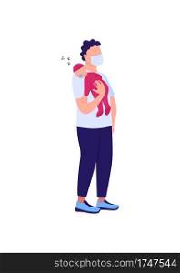 Father in medical mask holding sleeping baby flat color vector faceless characters. Man with infant. Dad with child. Health care isolated cartoon illustration for web graphic design and animation. Father in medical mask holding sleeping baby flat color vector faceless characters