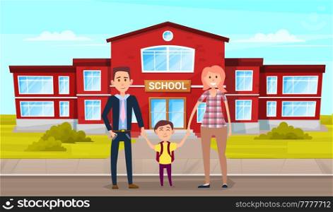 Father is taking his child to school. Dad and son are standing near educational institution by hand. Boy stands with his parent before going to school. Family walking on street before studying. Father is taking his child to school. Dad and son are standing near educational institution by hand