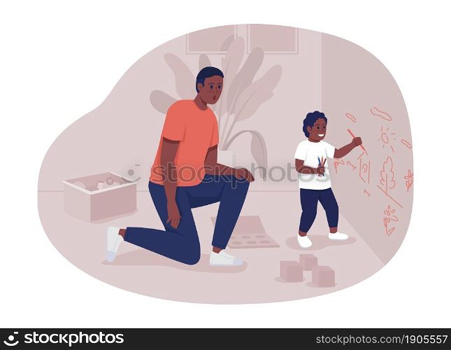 Father looking after toddler 2D vector isolated illustration. Dad and son flat characters on cartoon background. Troubled behavior. Little child making mess at home colourful scene. Father looking after toddler 2D vector isolated illustration