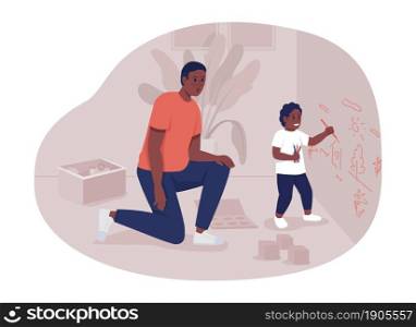 Father looking after toddler 2D vector isolated illustration. Dad and son flat characters on cartoon background. Troubled behavior. Little child making mess at home colourful scene. Father looking after toddler 2D vector isolated illustration