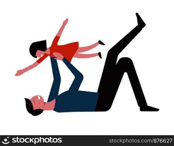 Father man and child playing together with girl daughter lifting up in hands and having fun time. Vector flat cartoon faceless isolated people. Vector father man and daughter girl playing