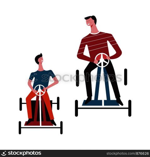 Father man and child playing together with son boy racing on kart car or karting in park rides and having fun time. Vector flat cartoon faceless isolated people. Vector father man and son boy karting