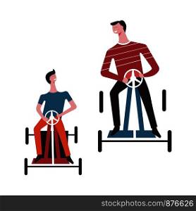 Father man and child playing together with son boy racing on kart car or karting in park rides and having fun time. Vector flat cartoon faceless isolated people. Vector father man and son boy karting
