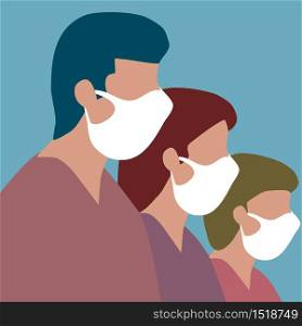 Father mother and daughter are wearing facemask
