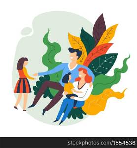 Father mother and daughters sitting together family pastime vector man and woman with children parents and kids sisters or siblings leisure activity girls dad and mom having fun weekend together.. Family pastime father mother and daughters sitting together