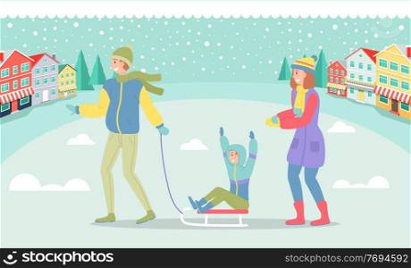 Father, mother and son on a winter walk. Man sledding a child. Family members walking together in cold weather outdoor, happy joint weekend, dad with boy ride on sleigh have fun in a snowy city street. Father, mother and son on a winter walk, dad with boy ride on sleigh have fun in a snowy city street