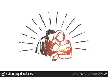 Father, mother, happy, child, newborn concept. Hand drawn parents with newborn baby concept sketch. Isolated vector illustration.. Father, mother, happy, child, newborn concept. Hand drawn isolated vector.