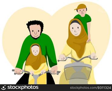 Father, Mother, Son and daughter. Muslim family riding bicycle spending time together