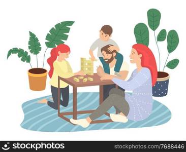 Father, mother, son, daughter playing jenga game sitting at floor on carpet, spend time together, moving blocks, parents playing indoor game with children. Happy family, home activity, people have fun. Father, mother, son, daughter playing jenga game sitting at floor on carpet, moving blocks