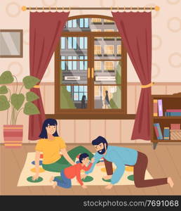 Father, mother, son playing twister at floor, people spend time together, parent and kid playing indoor game at home. Window with urban street and people. Happy family, home activity, people have fun. Father, mother, son playing twister at floor, spend time together, parents, kid playing at home
