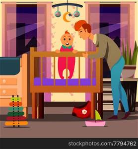 Father near son standing in cot in kid room during parental leave orthogonal background vector illustration. Father Near Son Orthogonal Background