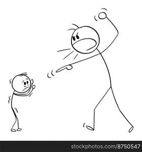 Father or man yelling or shouting at small scared child or boy, vector cartoon stick figure or character illustration.. Man or Father Yelling at Small Child or Boy, Vector Cartoon Stick Figure Illustration