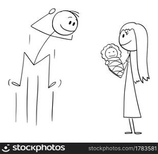 Father or parent celebrating happy to see his new born baby, vector cartoon stick figure or character illustration.. Father Happy to See His New Born Baby , Vector Cartoon Stick Figure Illustration