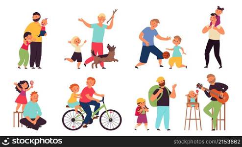 Father playing with kids. Fathers and son together, parents with lovely kid play with toy. Summer time, single dad and children decent vector set. Illustration family father dad with happy kid. Father playing with kids. Fathers and son together, parents with lovely kid play with toy. Summer time, single dad and children decent vector set