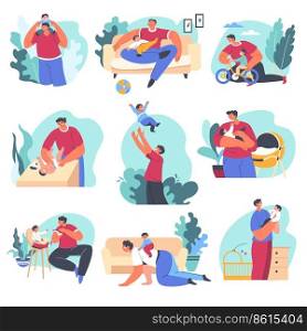 Father playing with son, dad taking care for newborn baby changing diapers and feeding small boy. Leisure and holidays, teaching to ride bicycle and sleeping on sofa together. Vector in flat style. Dad and son, care for baby and leisure time vector