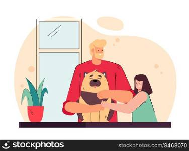 Father presenting pet to his daughter. Man and his child petting dog flat vector illustration. Family, childhood, animal adoption, friendship concept for banner, website design or landing web page
