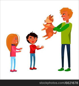 Father presents dog to his son and daughter as a present on dads day vector illustration isolated on white. Spending happy holidays together concept. Father Presents Dog to his Son and Daughter