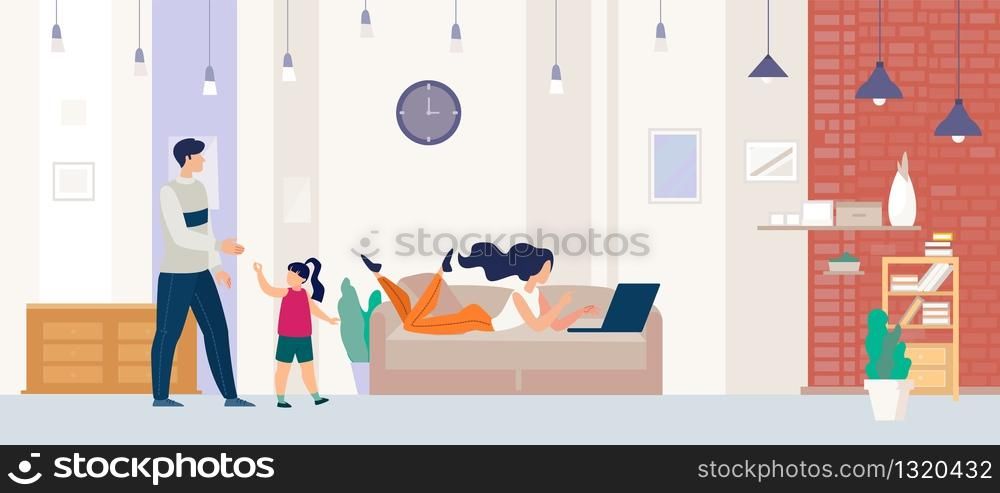 Father Resting with Family at Home, Mother Lying on Sofa, Using Laptop, Daughter Chatting in Social Network, Woman Messaging Online, Teenage Girl Entertaining in Internet Flat Vector Illustration