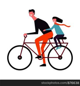 Father rides bicycle with daughter in calf behind. Family members spend active time together. Man with child on bike with additional seat. Girl and her dad have fun isolated vector illustration.. Father rides bicycle with daughter in carf behind