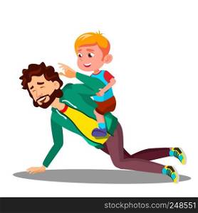 Father Rolling On His Back A Small Son Vector. Illustration. Father Rolling On His Back A Small Son Vector. Isolated Illustration