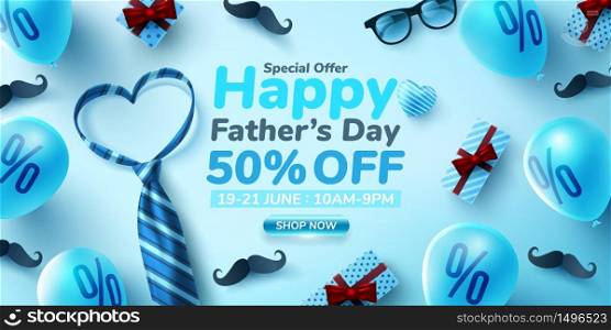 Father&rsquo;s Day Sale poster or banner template with glasses and heart shape by necktie on blue background.Greetings and presents for Father&rsquo;s Day.Promotion and shopping template for love dad