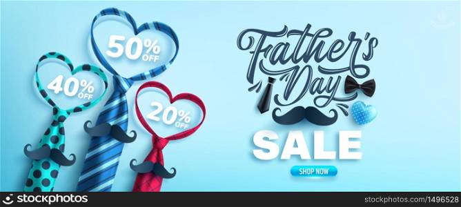 Father&rsquo;s Day Sale poster or banner template with heart shape by necktie on blue background.Greetings and presents for Father&rsquo;s Day.Promotion and shopping template for love dad