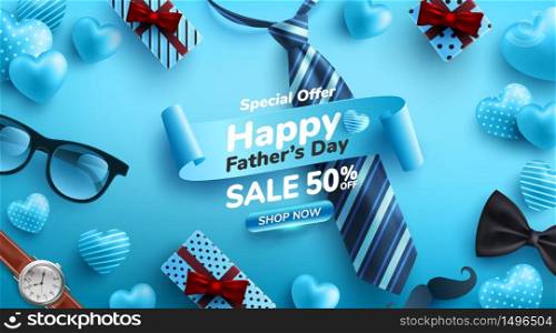 Father&rsquo;s Day Sale poster with flatlay of Glasses,Necktie,Watch and Gifts for dad.Greetings and presents for Father&rsquo;s Day.Promotion and shopping template for love dad concept.Vector illustration eps 10