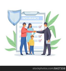 Father shaking hands with insurance agent. Family life insurance flat vector illustration. Insurance concept for banner, website design or landing web page