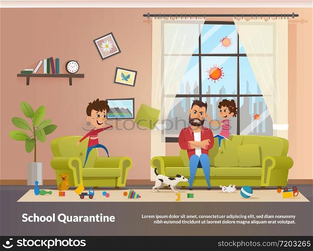 Father Sits with Children Home School Quarantine. Annoyed and Angry Father with Clenched Teeth Sitting at Sofa while Naughty Children Playing and Making Mess in Home, Little Daughter Pulling Dads Ear