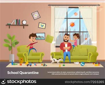 Father Sits with Children Home School Quarantine. Annoyed and Angry Father with Clenched Teeth Sitting at Sofa while Naughty Children Playing and Making Mess in Home, Little Daughter Pulling Dads Ear
