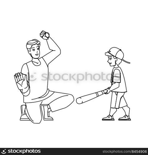 father son baseball vector. family dad child, catch ball, playing park father son baseball character. people black line pencil drawing vector illustration. father son baseball vector