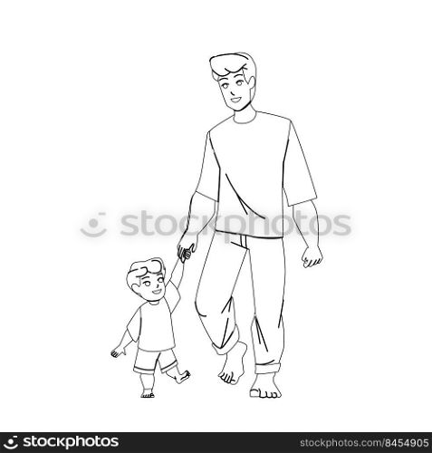 father son beach vector. family child dad, vacation fun, holiday outside father son beach character. people black line pencil drawing vector illustration. father son beach vector