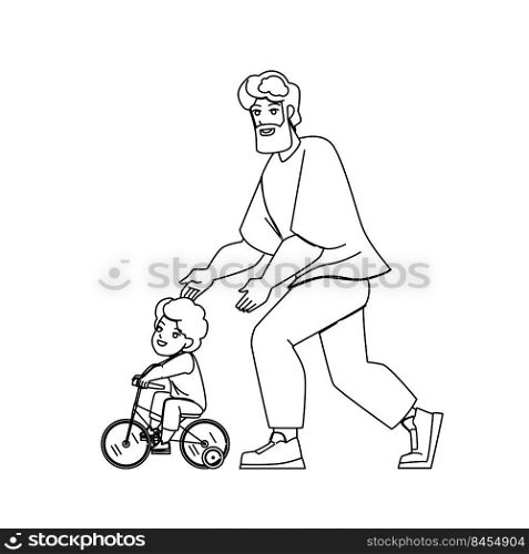 father son bike vector. dad child bicycle, happy fun ride, together park father son bike character. people black line pencil drawing vector illustration. father son bike vector