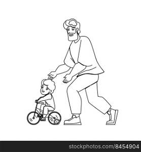 father son bike vector. dad child bicycle, happy fun ride, together park father son bike character. people black line pencil drawing vector illustration. father son bike vector