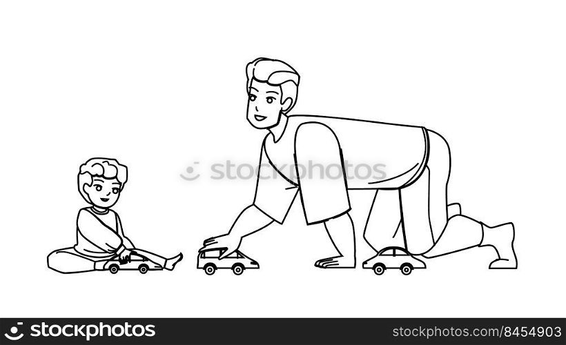 father son car vector. home play toy, adult dad, home drive, floor joy father son car character. people black line pencil drawing vector illustration. father son car vector