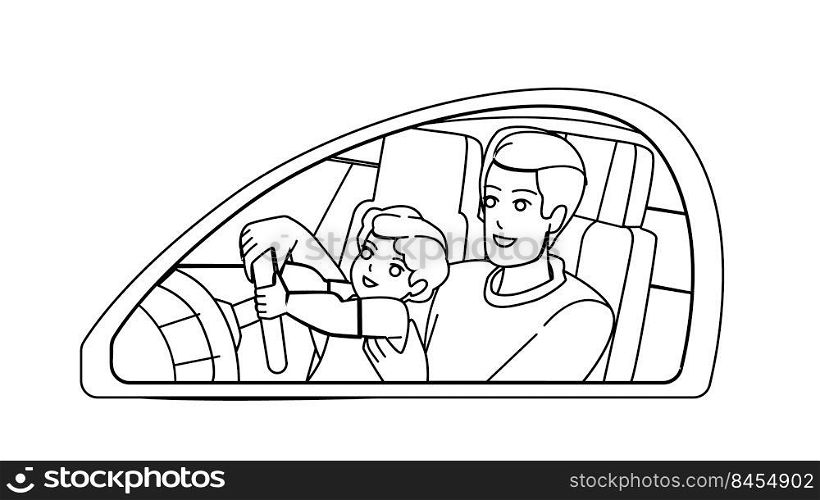 father son drive vector. dad kid car, boy vehicle, happy trip instructor father son drive character. people black line pencil drawing vector illustration. father son drive vector