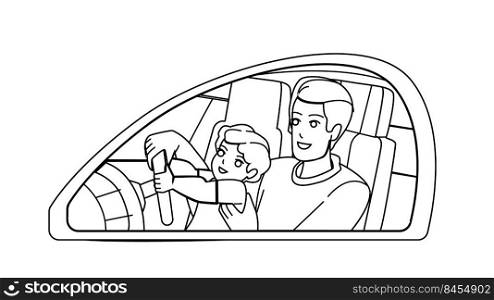 father son drive vector. dad kid car, boy vehicle, happy trip instructor father son drive character. people black line pencil drawing vector illustration. father son drive vector