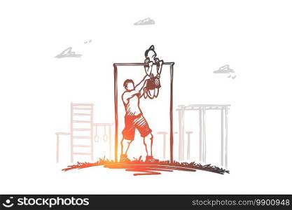 Father, son, family, exercise, sport concept. Hand drawn father helps his little son doing exercises on horizontal bar at playground concept sketch. Isolated vector illustration.. Father, son, family, exercise, sport concept. Hand drawn isolated vector.