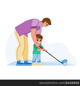 father son golf vector. parent children play, child course young club father son golf character. people flat cartoon illustration. father son golf vector