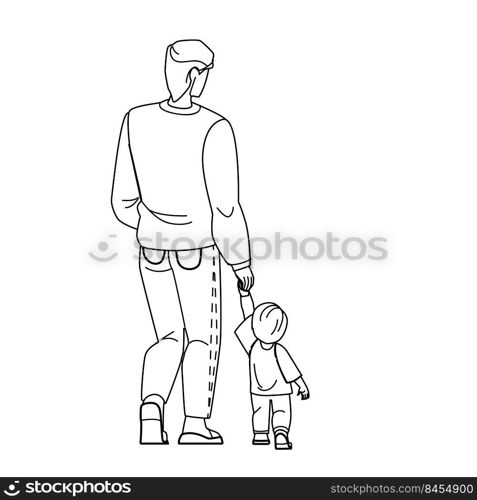 father son walking vector. family child, people walk, dad man and kid, summer day park father son walking character. people black line pencil drawing vector illustration. father son walking vector