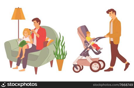 Father spending time with kid vector, daddy brushing daughters hair, male caring for son sitting in perambulator, man in armchair by l&light isolated. Father Walking with Child in Perambulator Set