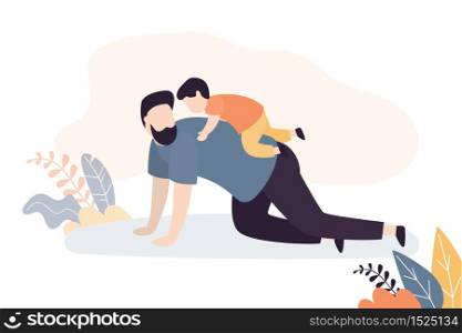 Father spends time with son. Family activities concept. Handsome Daddy with kid preschooler playing. Funny tiny people. Trendy style vector illustration
