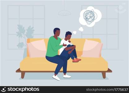 Father support teen son flat color vector illustration. Mental health problems. Dad counseling teenager with depressing thoughts. Family 2D cartoon characters with home interior on background. Father support teen son flat color vector illustration