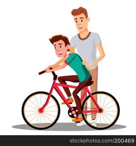 Father Teaches His Son To Ride A Bicycle Vector. Illustration. Father Teaches His Son To Ride A Bicycle Vector. Isolated Illustration