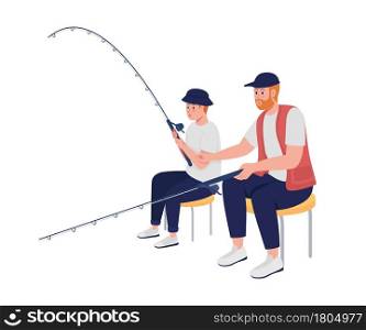 Father teaching teenager to catch fish semi flat color vector characters. Full body people on white. Bonding activity isolated modern cartoon style illustration for graphic design and animation. Father teaching teenager to catch fish semi flat color vector characters