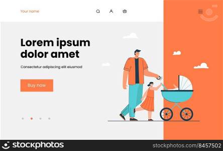 Father walking with his children. Flat vector illustration. Cartoon man with daughter and carriage with little baby inside spending time outdoors. Family, fatherhood, nature concept for banner design
